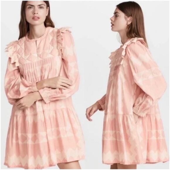Sea New York Dress Womens Medium Helena Pink Quilted Ruffle Long Sleeve Cottage - Picture 1 of 10